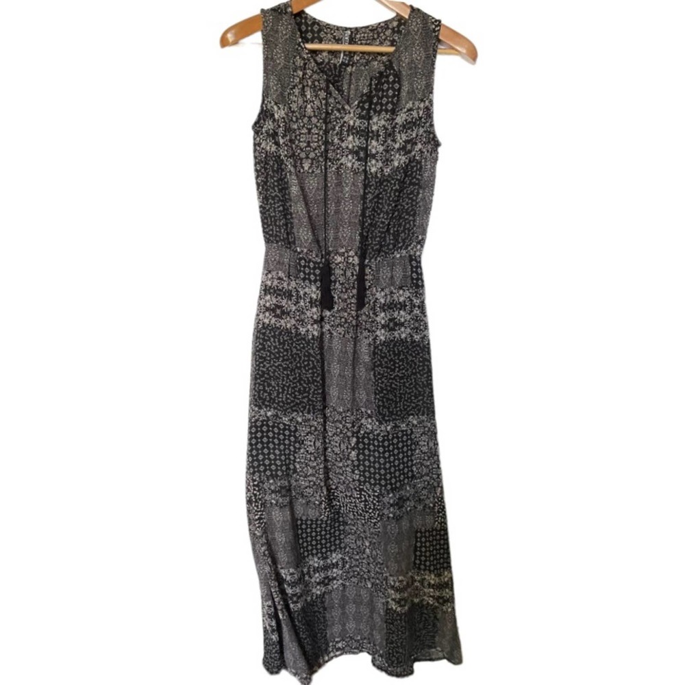 Bohemian Maxi Dress Side Slits V-Neck w/ Tassels Black Size 8